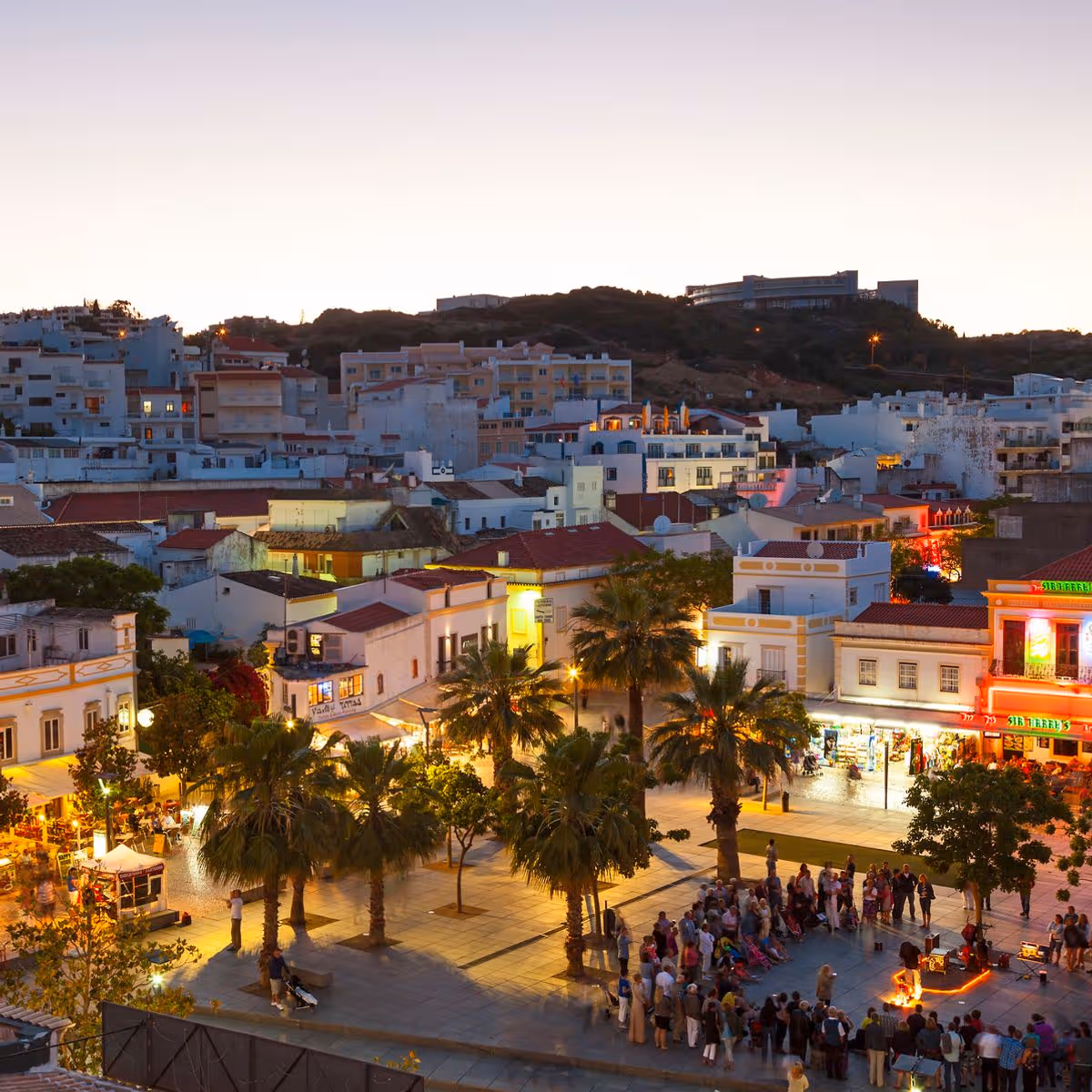 Albufeira Old Town at night near the Praia da Oura transfer area