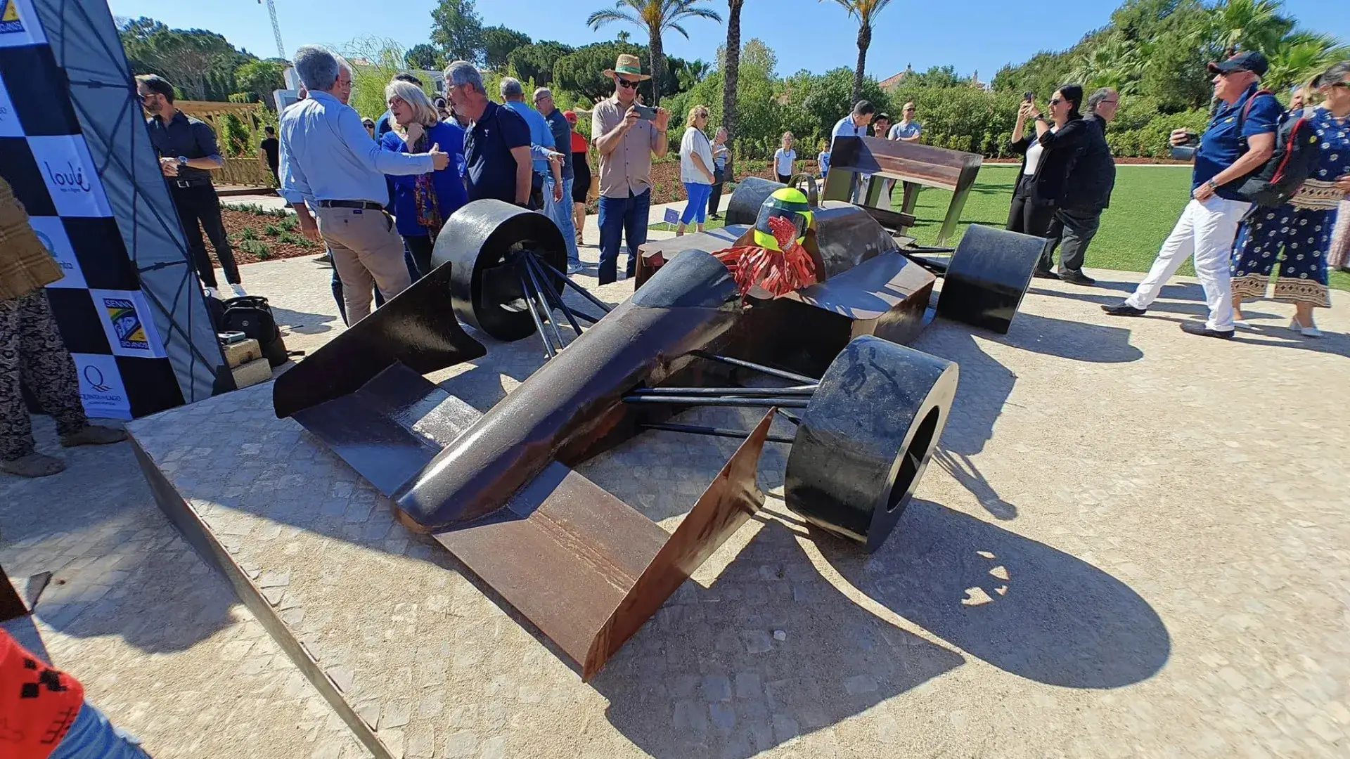 The peaceful garden sculpture of Ayrton Senna constructed to commemorate him in the resort grounds